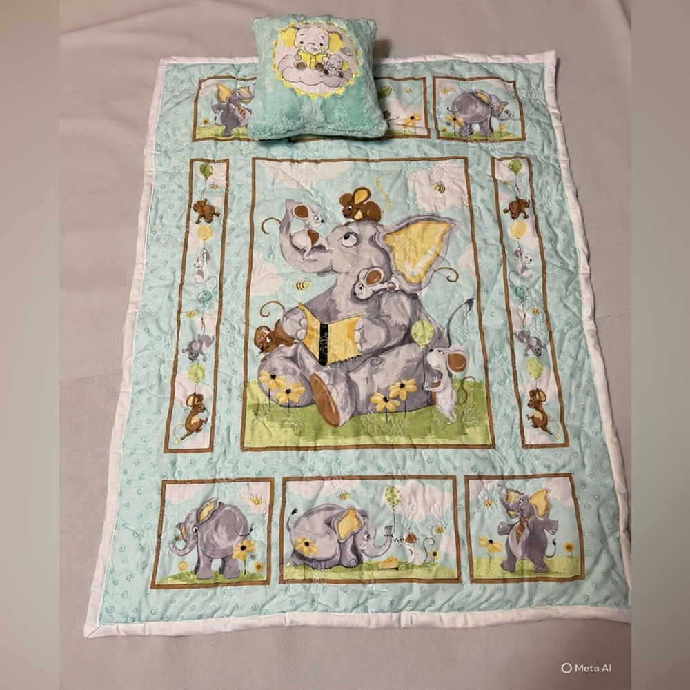 New Handmade Mint Elephant Baby Quilt and Accent Pillow Set